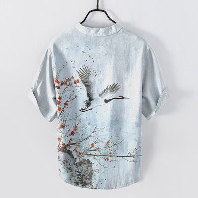 Buddha Stones Cotton Crane Plum Blossom Pattern Men's Short Sleeve Half Button Shirt - image 7