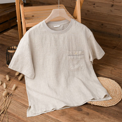 Buddha Stones Summer Casual Minimalist Solid Men's Short Sleeve T-Shirts With Patch Pocket - Linen - US/UK/AU42，EU52 (3XL) - image 0