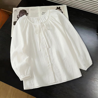 Buddha Stones Spring Summer Casual Boho Crew Neck Drawstring Button-Up Solid Women's Long Sleeve Shirts - White - US8-10, UK/AU12-14, EU40-42 (2XL) - image 3