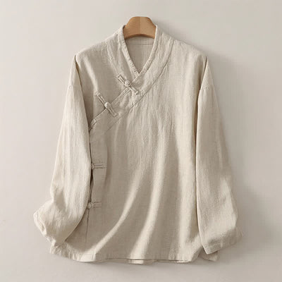 Buddha Stones Spring Summer Tang Style Minimalist V-Neck Frog Button Solid Women's Long Sleeve Shirts - Beige - US12, UK/AU16, EU44 (3XL) - image 0