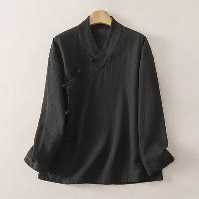 Buddha Stones Spring Summer Tang Style Minimalist V-Neck Frog Button Solid Women's Long Sleeve Shirts - Black - US12, UK/AU16, EU44 (3XL) - image 5