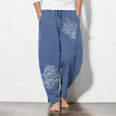 Buddha Stones Pure Cotton Koi Dragon Pattern Drawstring Men's Tapered Pants With Pockets - SteelBlue - US/UK/AU50，EU60 (5XL) - image 0