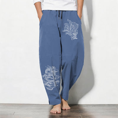 Buddha Stones Pure Cotton Koi Dragon Pattern Drawstring Men's Tapered Pants With Pockets - SteelBlue - US/UK/AU50，EU60 (5XL) - image 0
