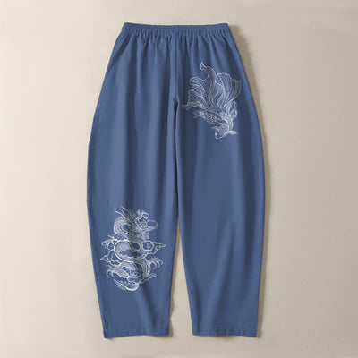 Buddha Stones Pure Cotton Koi Dragon Pattern Drawstring Men's Tapered Pants With Pockets - image 3