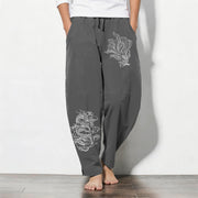 Foviel Pure Cotton Koi Dragon Pattern Drawstring Men's Tapered Pants With Pockets