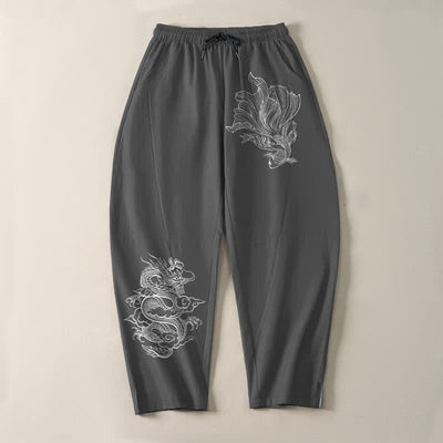 Buddha Stones Pure Cotton Koi Dragon Pattern Drawstring Men's Tapered Pants With Pockets - image 9