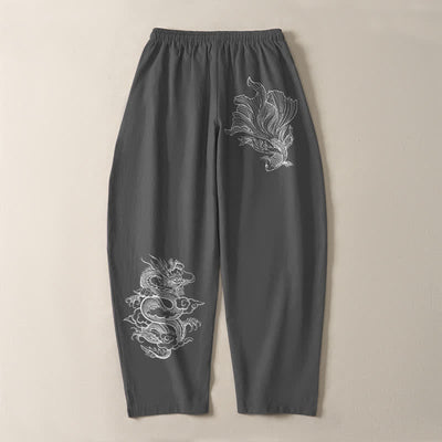 Buddha Stones Pure Cotton Koi Dragon Pattern Drawstring Men's Tapered Pants With Pockets - image 10