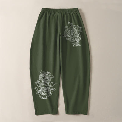 Buddha Stones Pure Cotton Koi Dragon Pattern Drawstring Men's Tapered Pants With Pockets - image 14