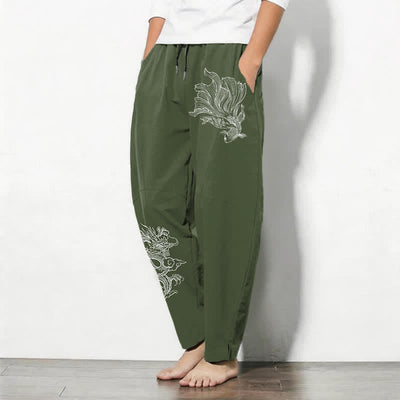 Buddha Stones Pure Cotton Koi Dragon Pattern Drawstring Men's Tapered Pants With Pockets - image 12