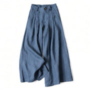 Foviel Summer Elegant Solid Elastic Waist Button Zipper Design Cotton Linen Long Pants Women's Wide Leg Pants With Pockets