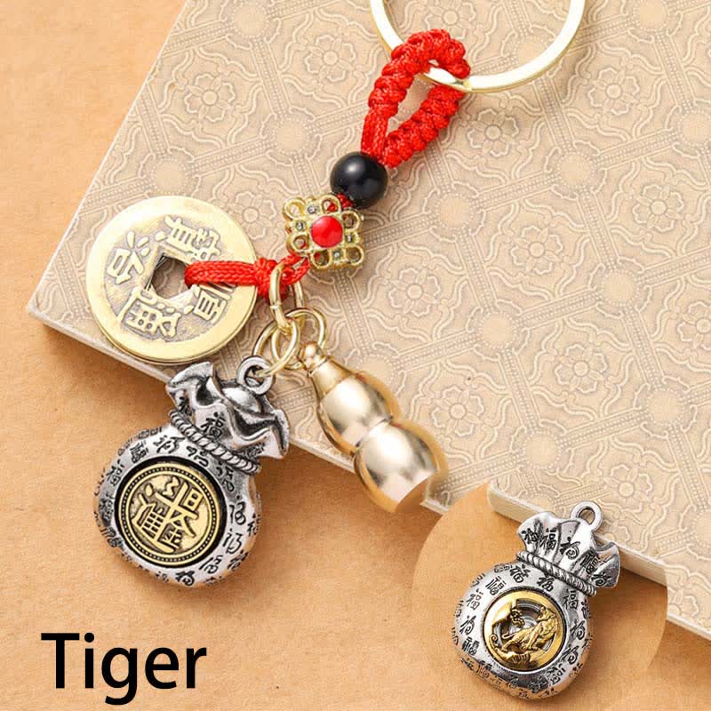 Buddha Stones Braided Red String Chinese Zodiac Five Emperor Coins Protection Keychains - Tiger - image 3