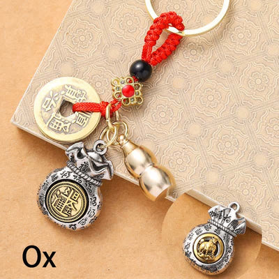 Buddha Stones Braided Red String Chinese Zodiac Five Emperor Coins Protection Keychains - Ox - image 2