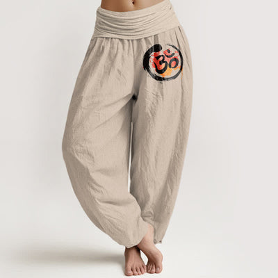 Buddha Stones Pure Cotton Black Circle Red Symbol Pattern Women's Elastic Waist Harem Pants - OldLace - US16，UK/AU20，EU48 (3XL) - image 0