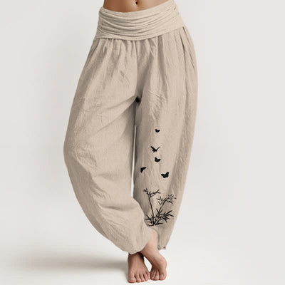 Buddha Stones Pure Cotton Butterfly Bamboo Leaf Pattern Women's Elastic Waist Harem Pants - OldLace - US16，UK/AU20，EU48 (3XL) - image 14