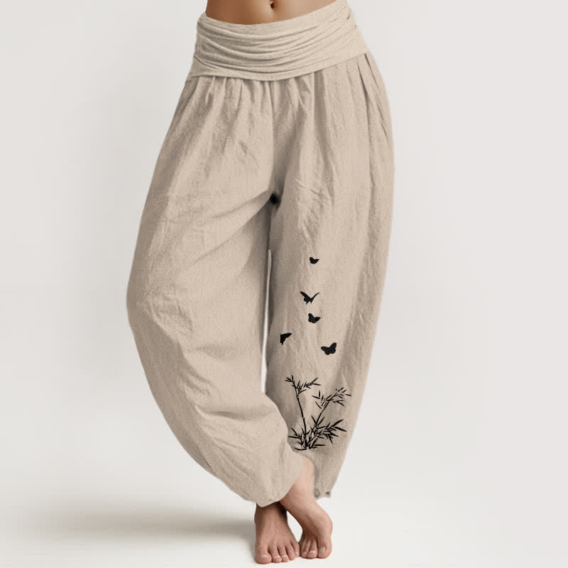 Buddha Stones Pure Cotton Butterfly Bamboo Leaf Pattern Women's Elastic Waist Harem Pants - OldLace - US16，UK/AU20，EU48 (3XL) - image 14