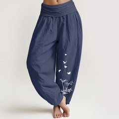 Buddha Stones Pure Cotton Butterfly Bamboo Leaf Pattern Women's Elastic Waist Harem Pants - DarkSlateBlue - US16，UK/AU20，EU48 (3XL) - image 0