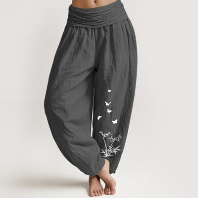 Buddha Stones Pure Cotton Butterfly Bamboo Leaf Pattern Women's Elastic Waist Harem Pants - DimGray - US16，UK/AU20，EU48 (3XL) - image 5