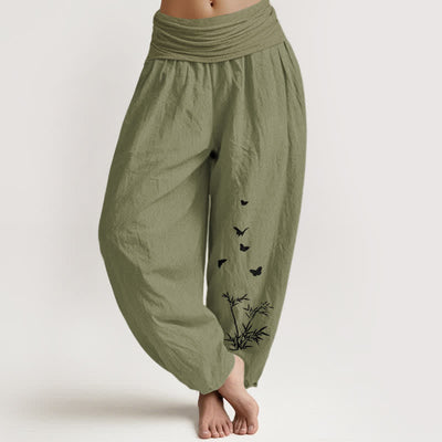 Buddha Stones Pure Cotton Butterfly Bamboo Leaf Pattern Women's Elastic Waist Harem Pants - OliveDrab - US16，UK/AU20，EU48 (3XL) - image 8