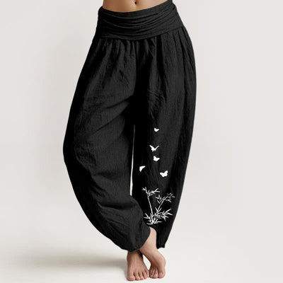 Buddha Stones Pure Cotton Butterfly Bamboo Leaf Pattern Women's Elastic Waist Harem Pants - Black - US16，UK/AU20，EU48 (3XL) - image 11