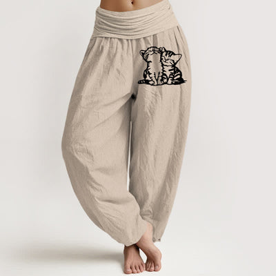 Buddha Stones Pure Cotton White Cat Pattern Women's Elastic Waist Harem Pants - OldLace - US16，UK/AU20，EU48 (3XL) - image 14