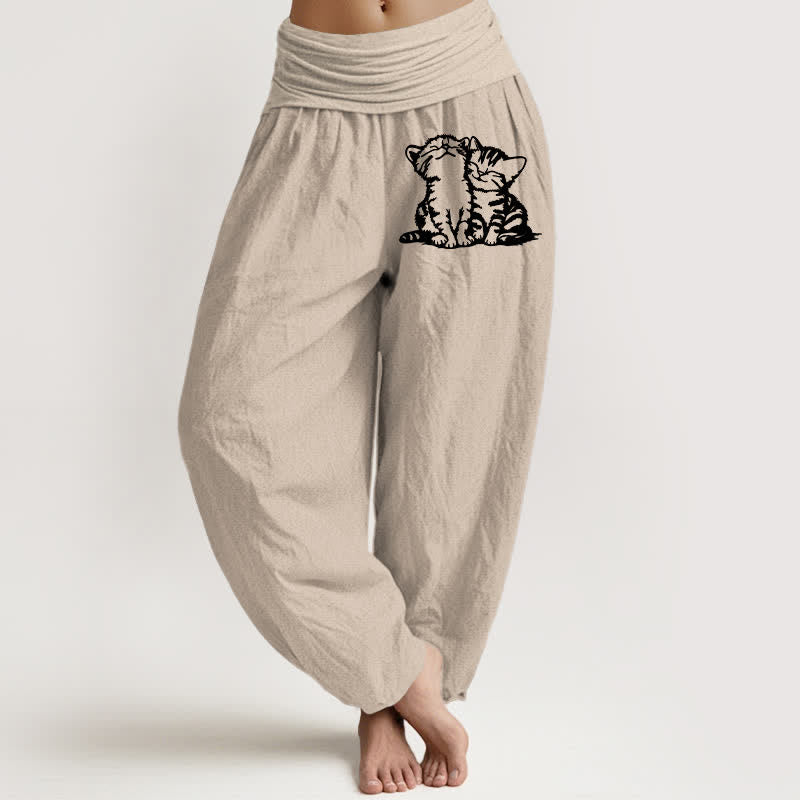 Buddha Stones Pure Cotton White Cat Pattern Women's Elastic Waist Harem Pants - OldLace - US16，UK/AU20，EU48 (3XL) - image 14