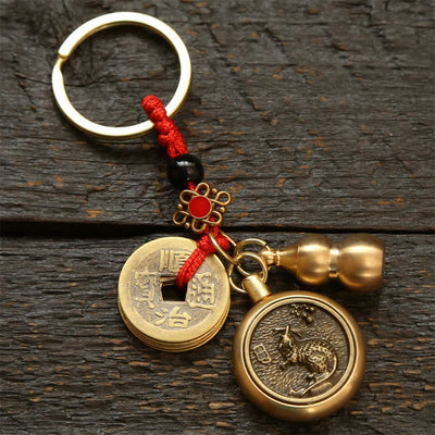 Buddha Stones Copper Chinese Zodiac Five Emperor Coins Red String Wealth Keychains - Rat - image 1