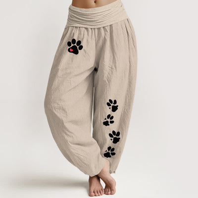 Buddha Stones Pure Cotton White Paw Print Pattern Women's Elastic Waist Harem Pants - OldLace - US16，UK/AU20，EU48 (3XL) - image 14