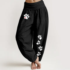 Buddha Stones Pure Cotton White Paw Print Pattern Women's Elastic Waist Harem Pants - Black - US16，UK/AU20，EU48 (3XL) - image 0