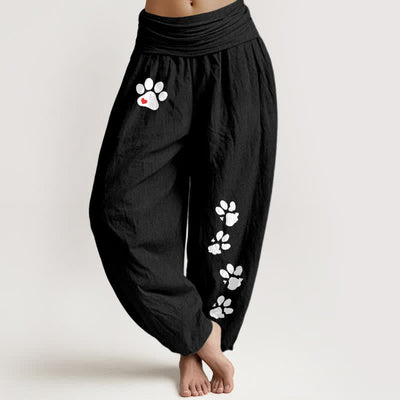 Buddha Stones Pure Cotton White Paw Print Pattern Women's Elastic Waist Harem Pants - Black - US16，UK/AU20，EU48 (3XL) - image 0