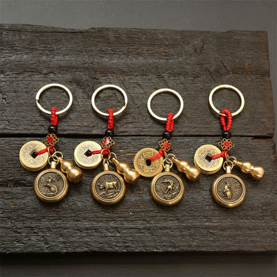 Buddha Stones Copper Chinese Zodiac Five Emperor Coins Red String Wealth Keychains - image 31