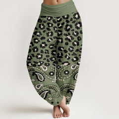 Buddha Stones Cotton Olive Leopard Paisley Pattern Women's Elastic Waist Harem Pants - OliveDrab - US16，UK/AU20，EU48 (3XL) - image 0