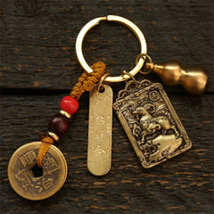 Buddha Stones Copper Chinese Zodiac Five Emperor Coins Gourd Protection Keychains - Goat - image 0