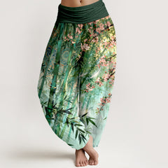 Buddha Stones Cotton Bamboo Cherry Blossom Pattern Women's Elastic Waist Harem Pants - SeaGreen - US16，UK/AU20，EU48 (3XL) - image 0