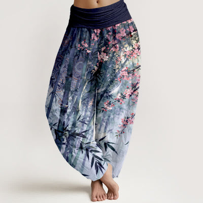 Buddha Stones Cotton Bamboo Cherry Blossom Pattern Women's Elastic Waist Harem Pants - Indigo - US16，UK/AU20，EU48 (3XL) - image 8
