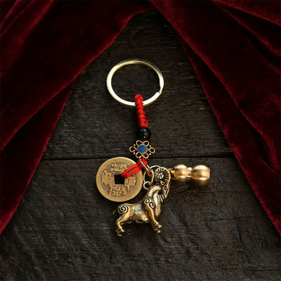 Buddha Stones Copper Chinese Zodiac Five Emperor Coins Gourd Wealth Keychains - Goat - image 0