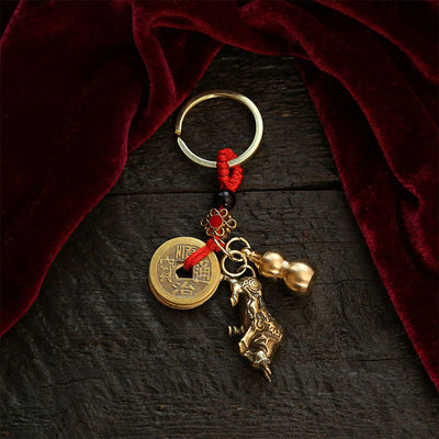 Buddha Stones Copper Chinese Zodiac Five Emperor Coins Gourd Wealth Keychains - Ox - image 2