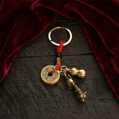 Buddha Stones Copper Chinese Zodiac Five Emperor Coins Gourd Wealth Keychains - Tiger - image 3