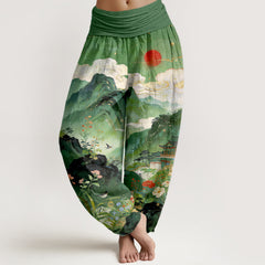 Buddha Stones Cotton Mountain Pavilion Sun Pattern Women's Elastic Waist Harem Pants - SeaGreen - US16，UK/AU20，EU48 (3XL) - image 0