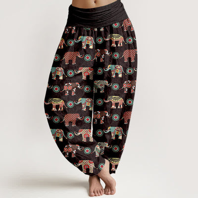 Buddha Stones Cotton Elephant Mandala Pattern Women's Elastic Waist Harem Pants - Black - US16，UK/AU20，EU48 (3XL) - image 0
