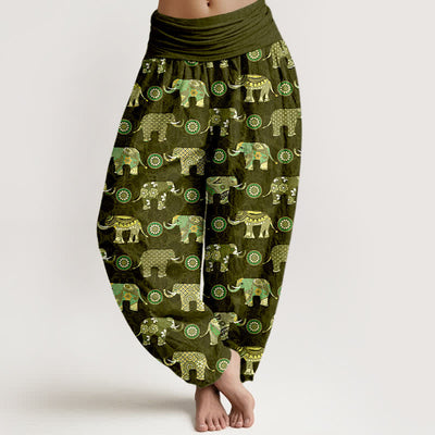 Buddha Stones Cotton Elephant Mandala Pattern Women's Elastic Waist Harem Pants - DarkOliveGreen - US16，UK/AU20，EU48 (3XL) - image 5