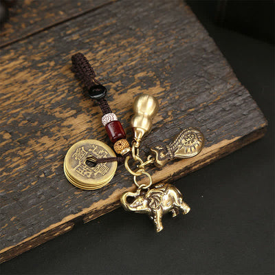 Buddha Stones Brass Elephant Five Emperor Coins Gourd Pi Xiu Wisdom Keychains - Coins Money Bag Gourd - image 1