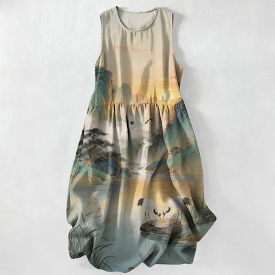 Buddha Stones Summer Casual Crane Waterfall Landscape Pattern Women's Summer Sleeveless Midi Dress With Pockets - Gainsboro - US16，UK/AU20，EU48 (3XL) - image 0