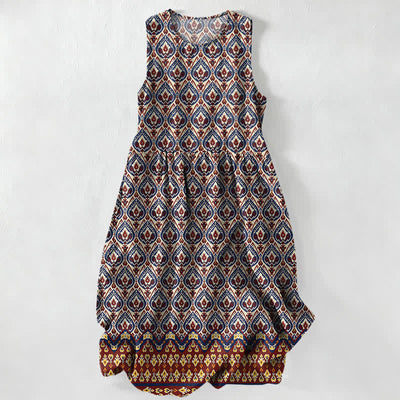 Buddha Stones Summer Casual Bohemian Ikat Geometric Pattern Women's Summer Sleeveless Midi Dress With Pockets - DarkRed - US16，UK/AU20，EU48 (3XL) - image 0