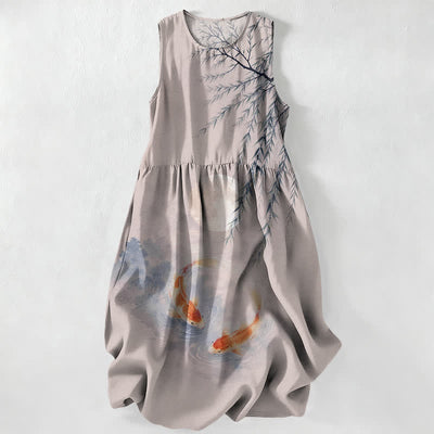 Buddha Stones Summer Casual Ink Koi Willow Pattern Women's Summer Sleeveless Midi Dress With Pockets - Gainsboro - US16，UK/AU20，EU48 (3XL) - image 5