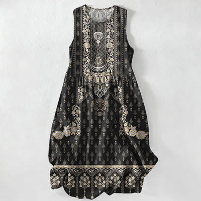 Buddha Stones Summer Casual Boho Ethnic Medallion Pattern Women's Summer Sleeveless Midi Dress With Pockets - Black - US16，UK/AU20，EU48 (3XL) - image 0