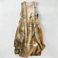 Buddha Stones Summer Casual Crane Botanical Sun Pattern Women's Summer Sleeveless Midi Dress With Pockets - BurlyWood - US16，UK/AU20，EU48 (3XL) - image 0