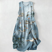 Foviel Sommer Casual Kranich Botanische Sonne Muster Damen Sommer Ärmellos Midi-Kleid mit Taschen