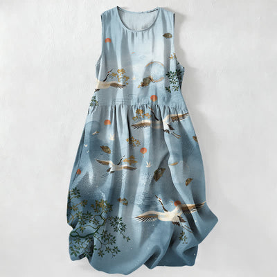 Buddha Stones Summer Casual Crane Botanical Sun Pattern Women's Summer Sleeveless Midi Dress With Pockets - PowderBlue - US16，UK/AU20，EU48 (3XL) - image 4