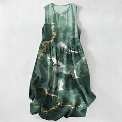 Buddha Stones Summer Casual White Crane Gold Marble Pattern Women's Summer Sleeveless Midi Dress With Pockets - ForestGreen - US16，UK/AU20，EU48 (3XL) - image 0
