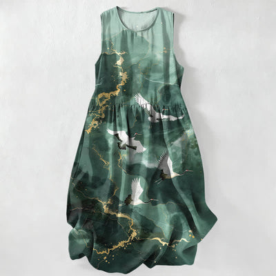 Buddha Stones Summer Casual White Crane Gold Marble Pattern Women's Summer Sleeveless Midi Dress With Pockets - ForestGreen - US16，UK/AU20，EU48 (3XL) - image 0